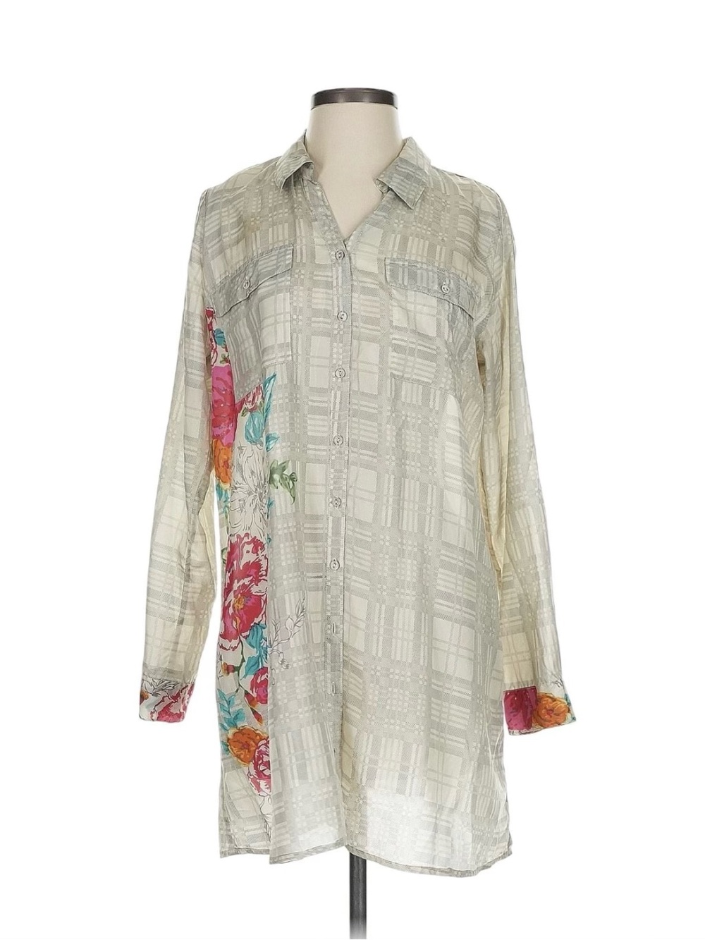Johnny Was Cream Plaid Button-Down Tunic with Floral Accent